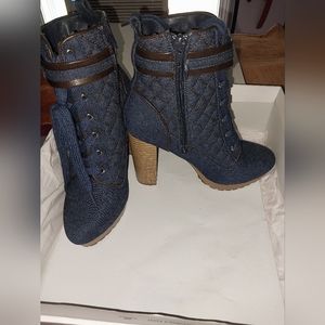 Denim high heel booties